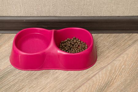 Double, pink plastic bowl for feeding cat stands on light laminate. Cells are filled with dry food and water for drinking. Concept of love and care for Pets.の写真素材