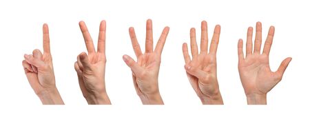 Female hand showing set of popular gestures that characterize learning to count. Different position of fingers. Isolated on white background.の写真素材
