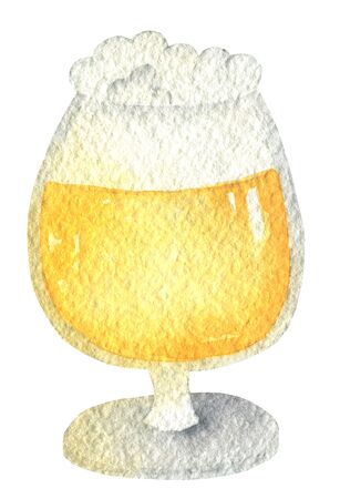 Oktoberfest amber beer in a glass on a short leg with a cap of foam. Hand drawn watercolor painting on white background clip art graphic elements for creative design and printable decor.の写真素材
