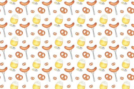 Seamless pattern with beer, pretzel, sausage, glass for oktoberfest. Hand drawn watercolour painting on white background clip art graphic elements for creative design and printable decor.の写真素材