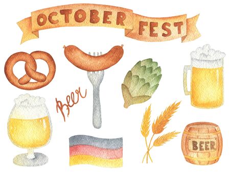 Set of elements beer, sausage, pretzel, flag, barrel, glass for oktoberfest. Hand drawn watercolour painting on white background clip art graphic elements for creative design, printable decor.の写真素材