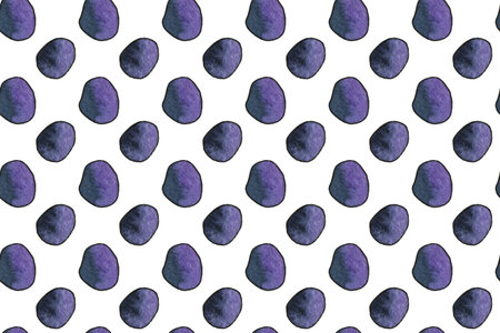 Seamless pattern round element purple and blue color. Hand drawn watercolour painting on white...