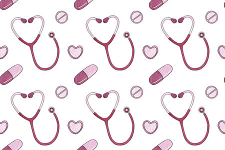 Seamless pattern of phonendoscope red color. Hand drawn watercolour painting on white background...