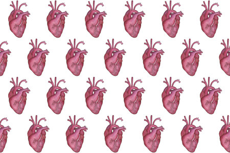 Seamless pattern of heart red color. Hand drawn watercolour painting on white background clip art...