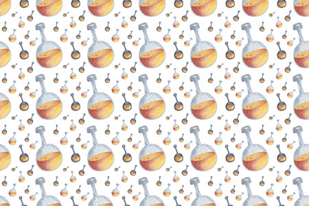 Seamless pattern of flasks with potion for Happy Halloween. Hand drawn watercolour painting on...