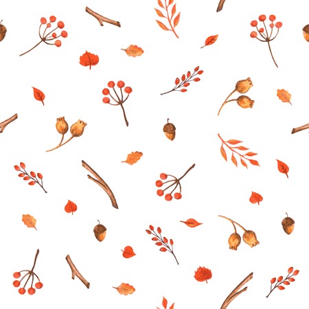 Colorful autumn seamless pattern made of hand drawn leaves, acorns and berries  Watercolor background  Vector illustration  Texture can be used for printing onto fabric and paper or scrap booking のイラスト素材