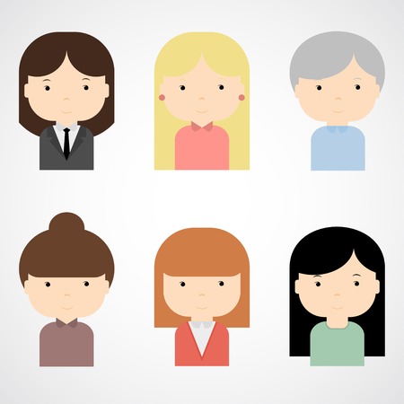 Set of colorful female faces icons  Trendy flat style  Funny cartoon characters  Vector illustration のイラスト素材