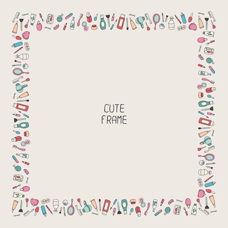 Beautiful vintage frame of cosmetics elements and beauty products  Cute wreath made of hand drawn cosmetics  Makeup  Vector illustration  のイラスト素材