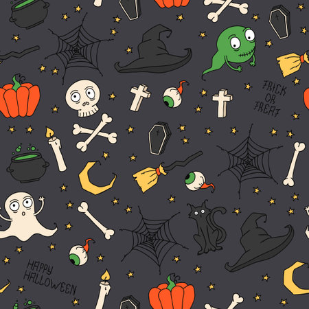 Happy Halloween. Seamless pattern with pumpkins, skulls, cats, spider's web, ghosts, monsters, witch hat. Trick or treat. Vector illustration. Background.のイラスト素材