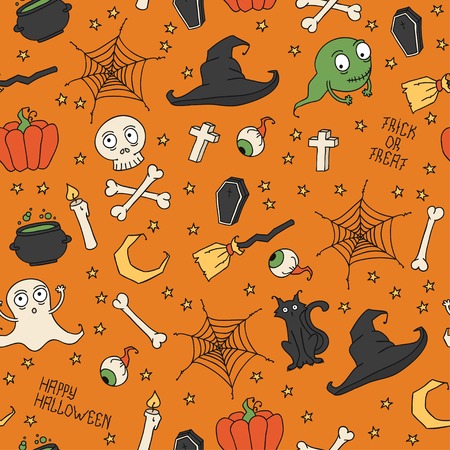 Happy Halloween. Seamless pattern with pumpkins, skulls, cats, spider\'s web, ghosts, monsters, witch hat. Trick or treat. Vector illustration. Background.のイラスト素材