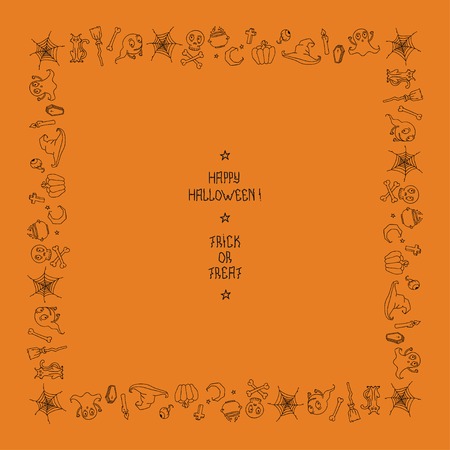 beautiful frame. Happy Halloween. Pattern with pumpkins, skulls, cats, spider\'s web, ghosts, monsters, witch hat. Trick or treat. Illustration. Background.のイラスト素材