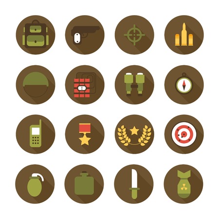 Military and war icons set. Army infographic design elements. Illustration in flat style.のイラスト素材