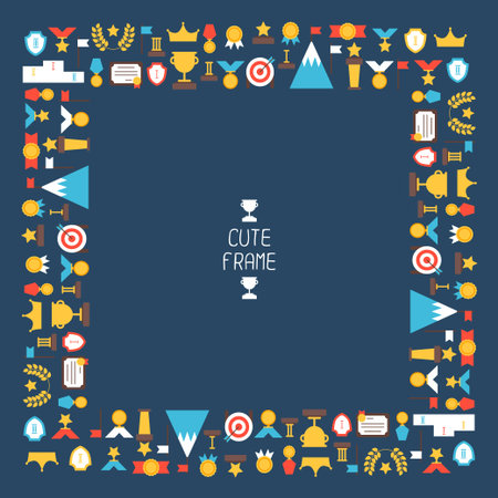 Frame of flat colorful award icons. Vector colorful set of prizes and trophy signs. Design elements. Illustration in flat style.のイラスト素材
