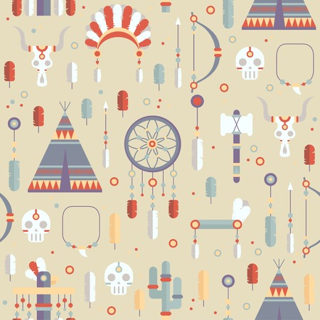 Seamless pattern of vector colorful ethnic set with dream catcher, feathers, arrows and american indian chief headdress in native style. Decorative elements. Tribal native American set of symbols.のイラスト素材