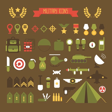 Military and war icons set. Army infographic design elements. Illustration in flat style.のイラスト素材