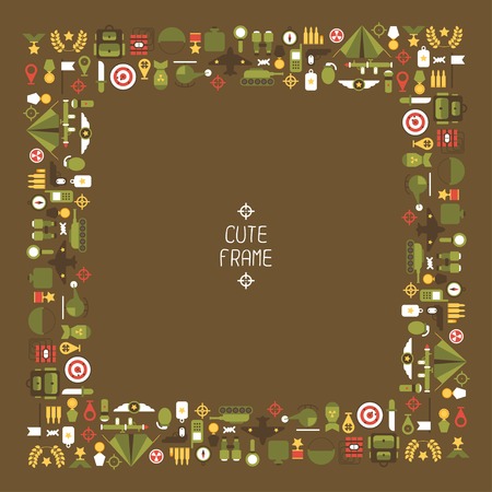 Frame of flat colorful  military and war icons set. Army infographic design elements. Illustration in flat style.のイラスト素材