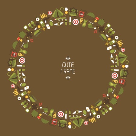 Frame of flat colorful  military and war icons set. Army infographic design elements. Illustration in flat style.のイラスト素材