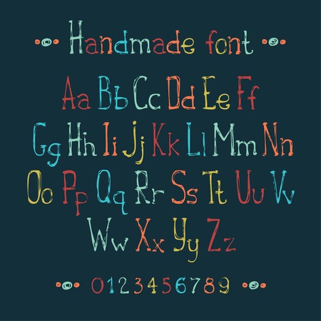 Simple colorful hand drawn font. Complete abc alphabet set. Vector letters and numbers. Doodle typographic symbols.のイラスト素材