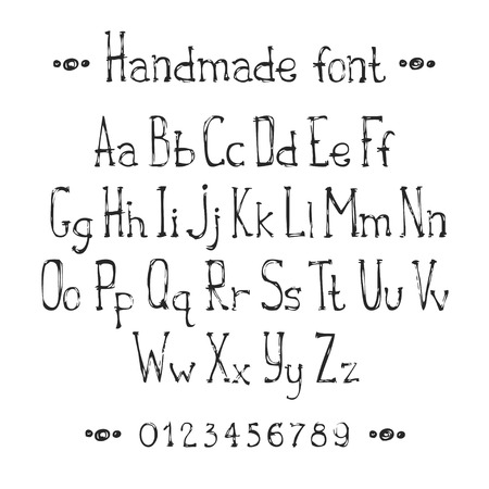 Simple monochrome hand drawn font. Complete abc alphabet set. Vector letters and numbers. Doodle typographic symbols.のイラスト素材