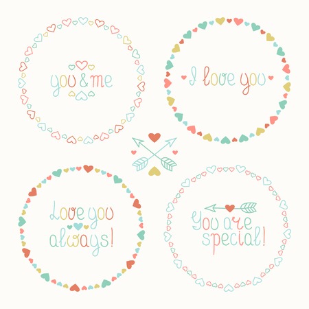 Hand drawn frame of romantic pattern with hearts. Vector set of valentine\'s day vintage design elements in retro colors. Beautiful simple colorful illustration.のイラスト素材