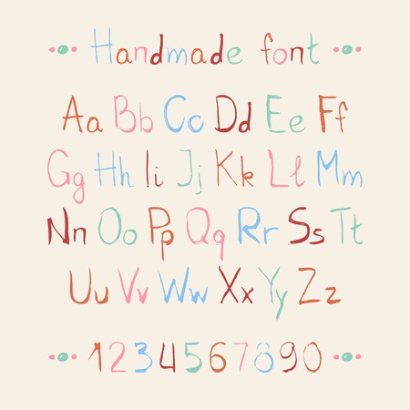 Simple colorful hand drawn font. Complete abc alphabet set. Vector letters and numbers. Doodle typographic symbols.のイラスト素材
