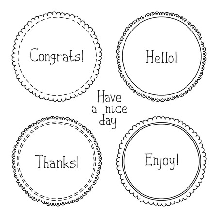 Vector set of hand drawn style badges and elements. Doodle frames. Beautiful simple lettering.のイラスト素材