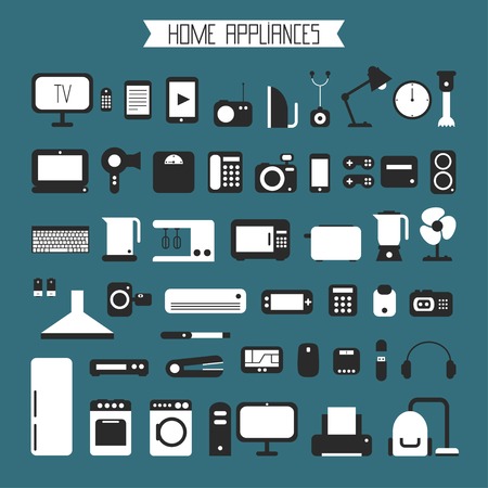 Set of electronic devices and home appliances colorful icons in flat style. Template vector elements for web and mobile applications.のイラスト素材