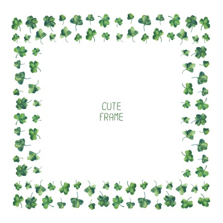 Frame of watercolor green clover leaves for Saint Patrick day. Vector illustration. Background for good luck.のイラスト素材