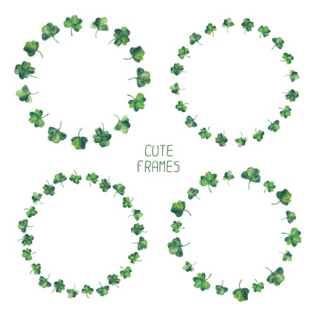 Frame set of watercolor green clover leaves for Saint Patrick day. Vector illustration. Background for good luck.のイラスト素材