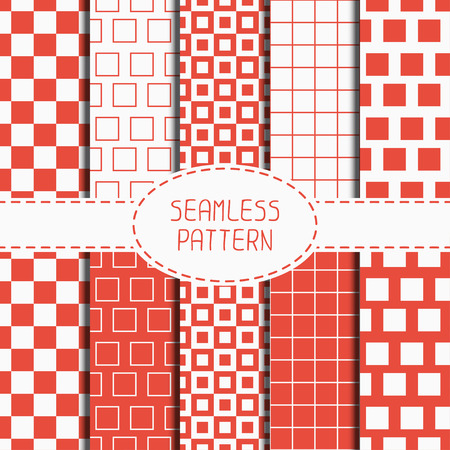 Set of geometric red seamless pattern with squares, cube. Collection of wrapping paper. Paper for scrapbook. Beautiful vector background. Tiling. Stylish graphic texture for your design, wallpaper.のイラスト素材