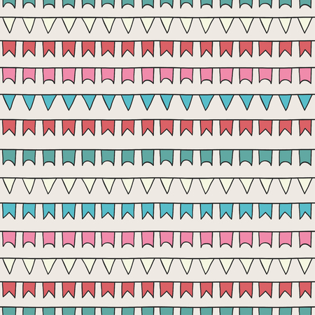 Hand drawn vector seamless pattern with bunting flags. Sketch scribble design graphic element. Tiling texture for design. Illustration. Trendy doodle style. Scrapbook decorations.のイラスト素材