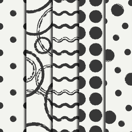Set of hand drawn seamless pattern with grunge rings, circle. Wrapping paper. Abstract vector background. Brush strokes rings. Casual texture. Doodle. Dry brush. Rough edges ink illustration.のイラスト素材