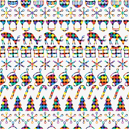 Merry Christmas and Happy New Year 2017. Christmas season hand drawn seamless pattern. Vector illustration. Doodle style. Decorations. Winter holiday backgrounds for design. Deer, snowflakesのイラスト素材