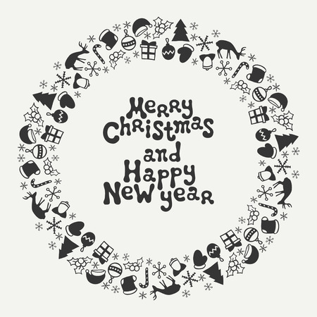Merry Christmas and Happy New Year lettering greeting card 2017. Christmas season hand drawn pattern. Vector illustration. Doodle style. Decorations. Holiday backgrounds for design. Frameのイラスト素材
