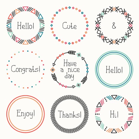 Day of the Dead frame set. Tribal hand drawn line mexican ethnic pattern. Border. Print. Doodles. Handmade native vector illustration. Aztec wreath. Collection for invitation, banner badgesのイラスト素材