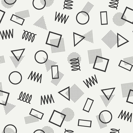 Retro memphis geometric line shapes seamless patterns. Hipster fashion 80-90s. Abstract jumble textures. Black and white. Zigzag lines. Triangle. Memphis style for printing, website, design, poster.のイラスト素材