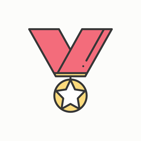 Gold medal award with ribbon. Winner line thin icon. First place leadership champion achievement. 1st place. Vector isolated illustration. Linear flat design. Success symbols. Object. Sign. Starのイラスト素材