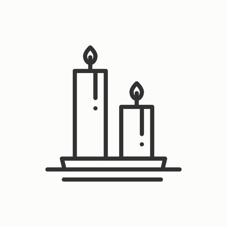 Candle line outline icon. Two burning candles with a bright flame. Light burn wax. simple linear design. Illustration. Flat symbols, sign. Thin element.のイラスト素材