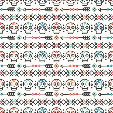 Day of the Dead. Tribal hand drawn line mexican ethnic seamless pattern. Border. Wrapping paper. Print. Doodles. Tiling. Handmade native vector illustration. Aztec background. Texture. Style skull.のイラスト素材