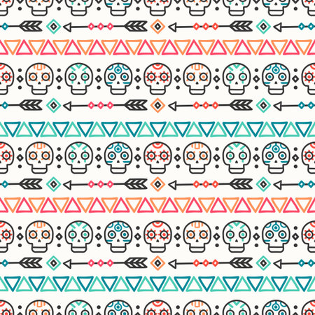 Day of the Dead. Tribal hand drawn line mexican ethnic seamless pattern. Border. Wrapping paper....
