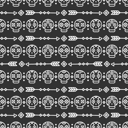 Day of the Dead. Tribal hand drawn line mexican ethnic seamless pattern. Border. Wrapping paper. Print. Doodles. Tiling. Handmade native vector illustration. Aztec background. Texture. Style skull.のイラスト素材