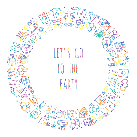 Party round frame. Celebration pattern. Birthday, holidays, event, carnival festive. Party decor elements thin icons. Colorful vector illustration. Line background. Texture. Mask gifts cake cocktailのイラスト素材