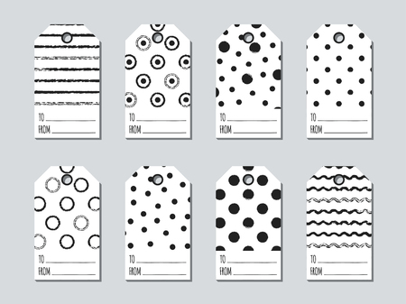 Gift tags and cards set with hand drawn elements. Collection of holiday label paper in black and white. Seasonal badge sale design. Price tags and gift cards. Vector illustration. Texture. Print.のイラスト素材