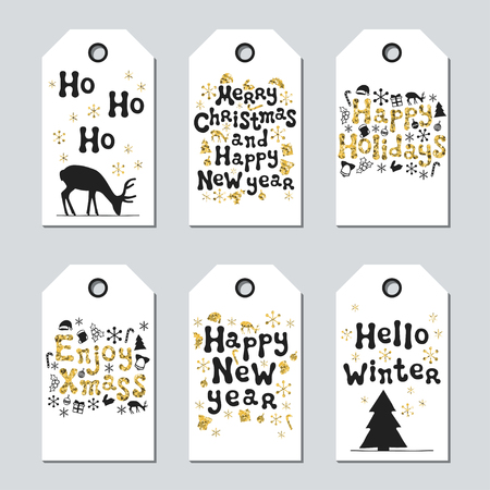 Christmas and New Year gift tags. Cards xmas gold set. Hand drawn element. Collection of holiday paper label in black and white. Seasonal badge sale design. Golden texture. Print. Vector illustration.のイラスト素材