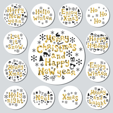 Christmas New Year golden gift round stickers. Labels xmas set. Hand drawn glitter decorative element. Collection of shiny holiday christmas stickers. Vector illustration. Lettering, calligraphy.のイラスト素材