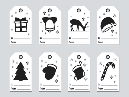 Christmas and New Year gift tags. Cards xmas set. Hand drawn elements. Collection of holiday paper label in black and white. Seasonal badge sale design. Texture. Print. Vector illustration. Lettering.のイラスト素材