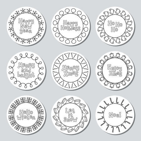 Christmas New Year gift round stickers. Labels and badges xmas set. Hand drawn decorative element. Holiday christmas stickers. Texture. Vector illustration. Lettering, calligraphy. Christmas phrase.のイラスト素材
