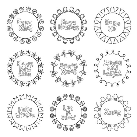 Merry Christmas New Year wishes labels stickers and badges. Hand drawn framework frame. Calligraphy phrase. Handwritten lettering. Xmas phrase set. Holidays. Greeting text. Christmas calligraphy.のイラスト素材