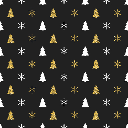 Christmas New Year seamless pattern with snowflakes christmas tree. Holiday background. Xmas winter decoration. Golden texture. Hand drawn vector illustration. Snow pattern. Wrapping gift paper.のイラスト素材