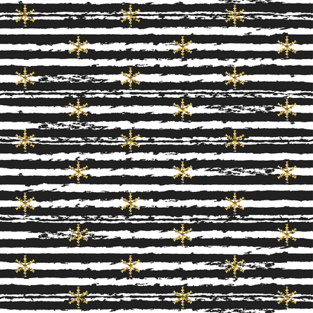 Glitter gold striped Christmas New Year seamless pattern with snowflakes. Paint brush strokes background. Golden snowflakes. Stripes lines. Vector illustration. Hipster trendy wrapping gift paper.のイラスト素材
